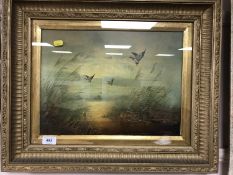 Nineteenth century school : Flighting ducks, oil on canvas, 39 cm x 29 cm, indistinctly signed,