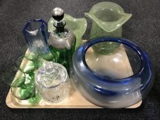 A tray of green glass and pewter liqueur decanter and glasses, Bohemian crystal bowl,