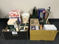 Two boxes of boxed glass ware, cookie jar,