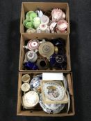 Three boxes of tea china, Bing and Grondahl plates, pottery teapots,
