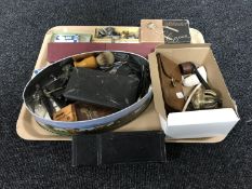 A tray of rulers, drawing instruments, hair clippers, pipes, cigar holder, cap badges,