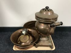 A tray of copper samovar, copper twin handled pan,