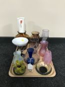 A tray of coloured glass, hand blown glass vases, Caithness glass vase,