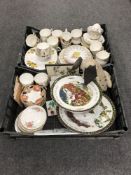 Two boxes of assorted English bone china tea china, two Christmas china comports,