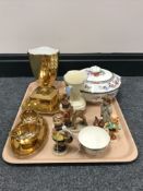 A tray containing four Goebel figurines, weighed Heath miniature jug, Spode china rose,
