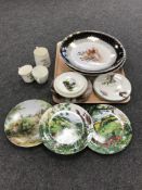 A tray consisting of two Royal Stafford tea plates, two large Austrian wall plaques,