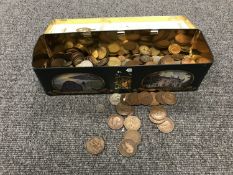 A whiskey tin containing coins including Georgian pennies and European coins