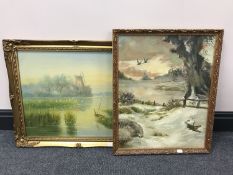 Eight assorted pictures, including three framed tapestries, two framed oils, still life's,