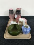 A tray of early Bretby green glazed planter together with seven pieces of Maling including Lustre