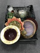 Two boxes of glass ware, comport, decorative bowls, water jug,