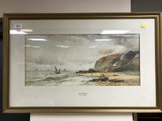 W. Heath : Fisherman by a rocky cove, watercolour, 53cm x 24cm, framed.