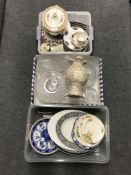 Three boxes containing a collection of assorted tea plates and wall plates, a china lidded terrine,