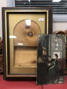 An antiquarian oil on board - figures at a pipe organ, unsigned,