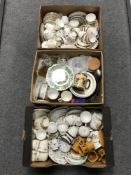 Three boxes containing a quantity of assorted English tea china, lead crystal glass ware,