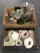 Two boxes of Yankee Candle covers, adjustable basket, glass ware,