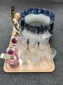 A tray containing lead crystal glassware, Maling preserve pot,