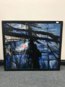 A contemporary framed oil painting on canvas depicting tall ships