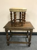 A carved oak lamp table and a hexagonal stool