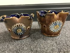 A pair of Royal Doulton glazed stoneware miniature pots with glazed blue interior, height 7 cm.