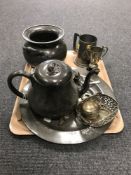 A tray of plated and pewter items including twin handled pot, charger, teapot, cutlery etc.