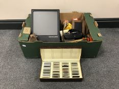 Two boxes containing vintage chemist bottles, beer steins, assorted cameras and accessories.