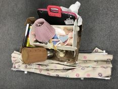 A box of doll's crib and dolls, two table lamps, two fabric window blinds, an Avery compact trimmer,