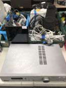 An Acoustic Solutions amplifier, box of extension leads, heater, wall clock, assorted tools,