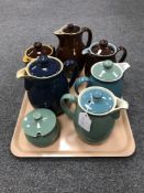 A tray of seven Denby coffee pots and a sugar basin