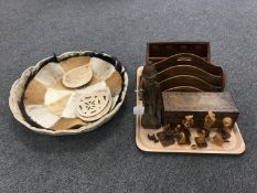 A tray containing a letter rack, a Victorian trinket box, Eastern figures,