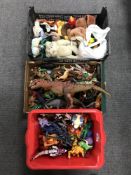 Three boxes containing plastic animals, Beanie Babies, Duplo Lego, action figures,