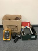 Two boxes containing assorted cameras, vintage Sony TV, radio valve bulbs, books,