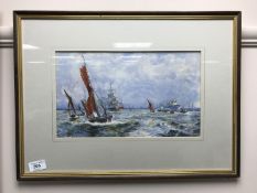 Twentieth Century English School : A Battle Ship with Ocean Liner and Sailing Boats in Choppy