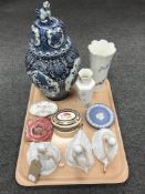 A tray containing a blue and white Delft lidded jar, Aynsley vases, Wedgwood pin dishes,