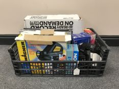 A box containing digital cameras, a boxed Wagner electric spray gun, DVD player, Sky boxes,