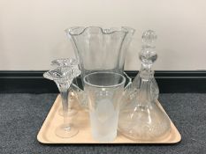 A tray of pair of cut glass candle holders, decanters,