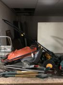 A Flymo easy glide 3000v electric lawnmower, together with a push lawnmower,