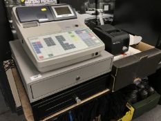 A Sharp UP-700 cash register with keys, a cash drawer with keys, box of Star Tsp100 receipt printer,
