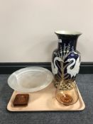 A tray comprising of glazed pottery vase depicting storks, together with an art glass bowl,