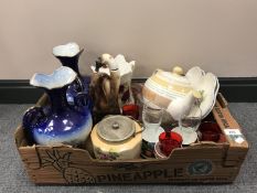 A box containing a pair of early 20th century transfer printed vases, an EPNS lidded biscuit barrel,