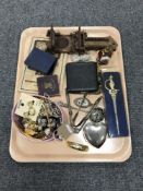 A tray containing costume jewellery, a leather cased travel clock, festival of Britain coin,