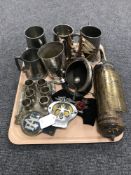 A tray of assorted tankards, vintage Pyrene fire extinguisher, AA and RAC badges,