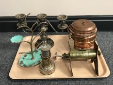 A tray of trench art money box, a miner's lamp, an enamelled ring stand,