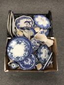 Two boxes containing late 19th and early 20th century blue and white china and dinnerware in an