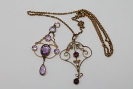 An Art Nouveau amethyst pendant on chain,