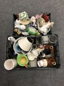Two crates containing assorted china including weighed whiskey decanters, Burleigh ware parrot jug,