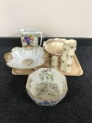 A tray of Wedgwood vase and candlestick in bamboo style finish, a Crown Ducal fruit bowl,