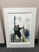 Unframed print depicting a jester at a Venetian carnival, signed in pencil,