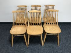 A set of six beech Ercol style spindle back kitchen chairs