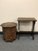 A carved Eastern octagonal table with brass inlay and an organ stool
