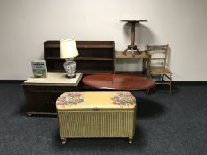 A set of open bookshelves, an oak two tier trolley, an oak deco occasional table, a bedroom chair,